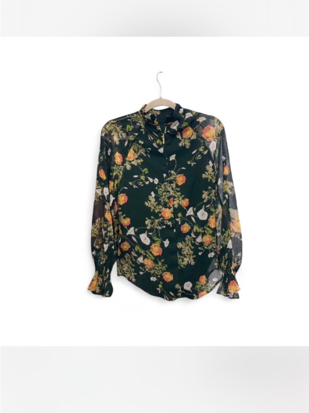 Floral Long-Sleeve Button-Up Blouse - Dark Green - Picture 3 of 8